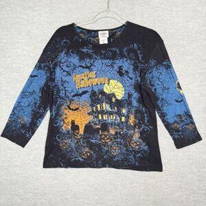 Halloween Haunted House T-Shirt Top Size Large Studio Collection All Over Print